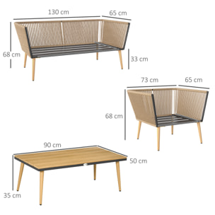 Salon de jardin 4 places 4 pièces design scandinave acier époxy résine filaire PE coussins inclus crème