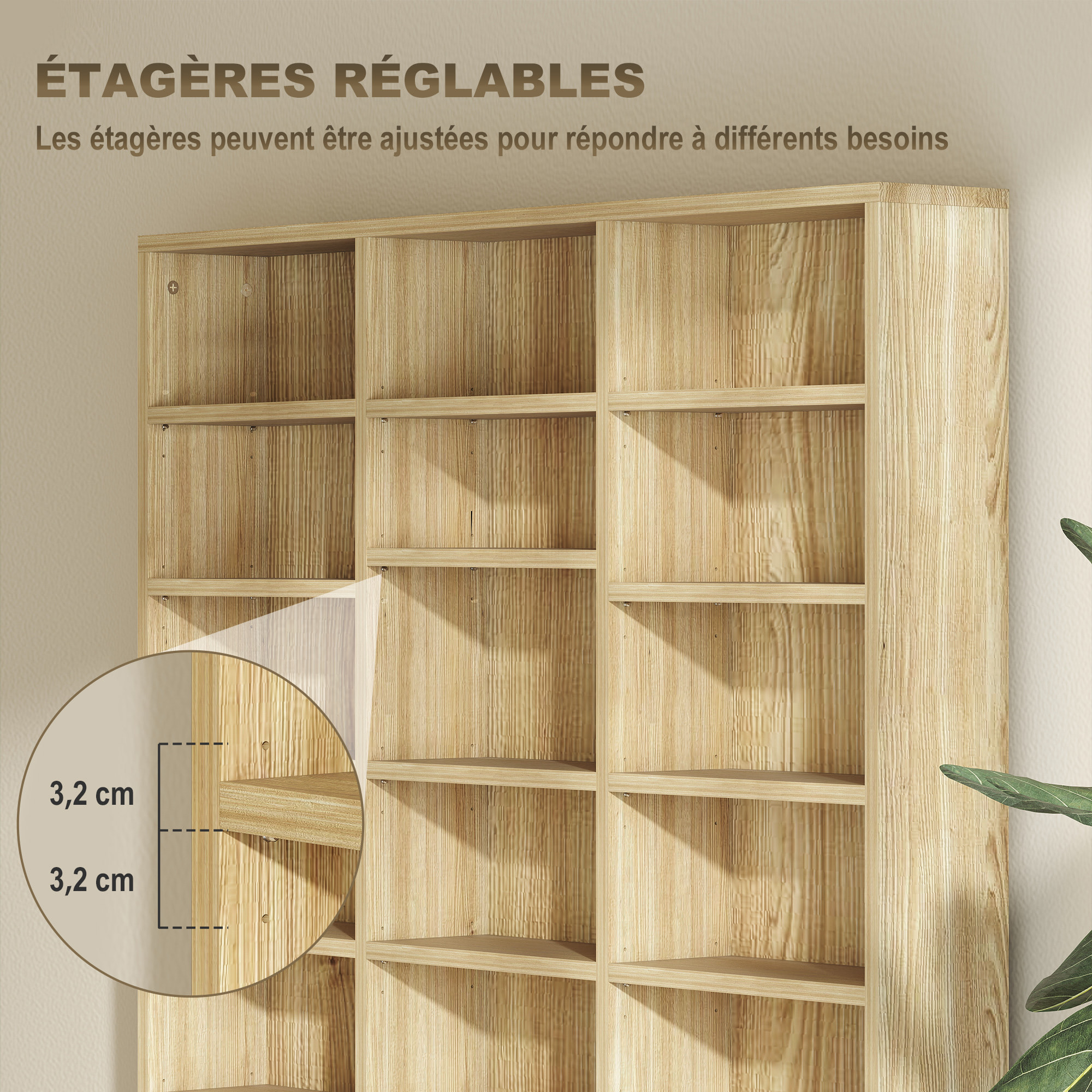 Étagère rangement CD/DVD meuble de rangement pour 1116 CDs 33 compartiments réglables en hauteur 102 x 24 x 195 cm effet bois clair