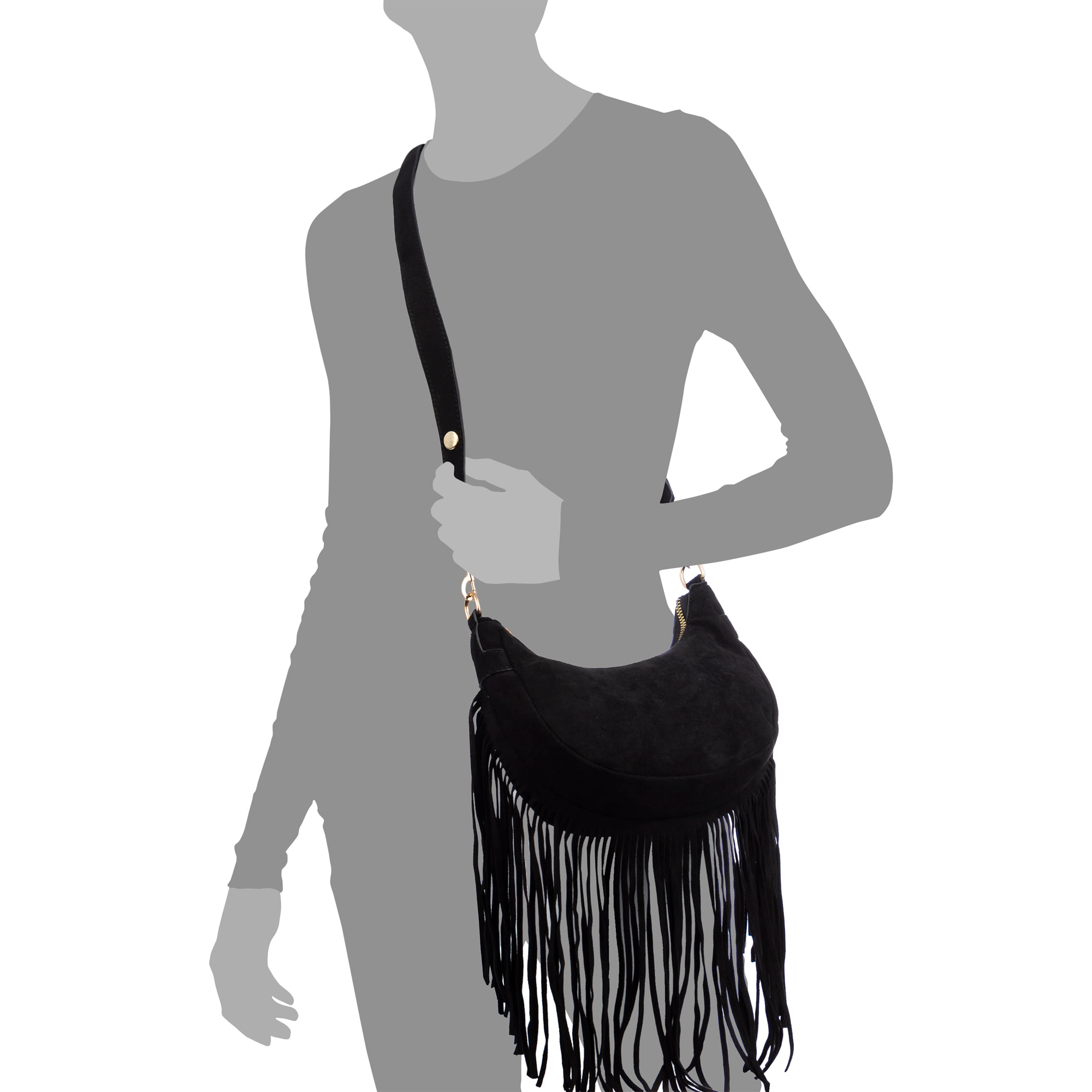 Ateleta borsa a tracolla in vera pelle scamosciata, con frange.