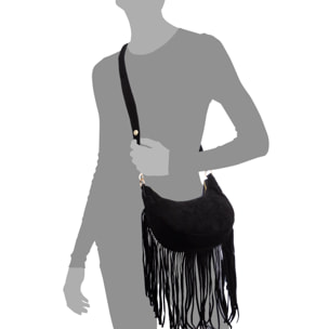Ateleta borsa a tracolla in vera pelle scamosciata, con frange.