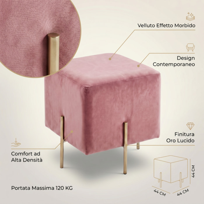 Pouf Quadrato in Velluto con Gambe in Acciaio Dorate, Seduta Imbottita Elegante dallo Stile Contemporaneo per Soggiorno, Camera da Letto e Ingresso