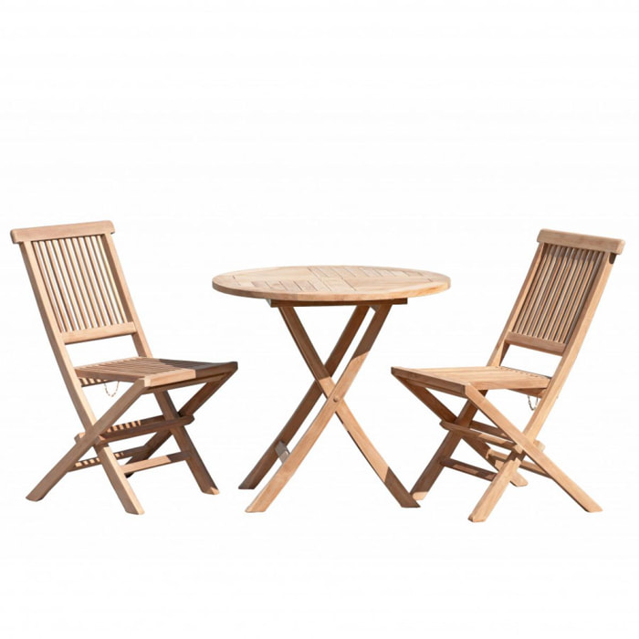 HARRIS - SALON DE JARDIN EN BOIS TECK 2 personnes - Ensemble de jardin - 1 Table ronde pliante 80 cm et 2 chaises