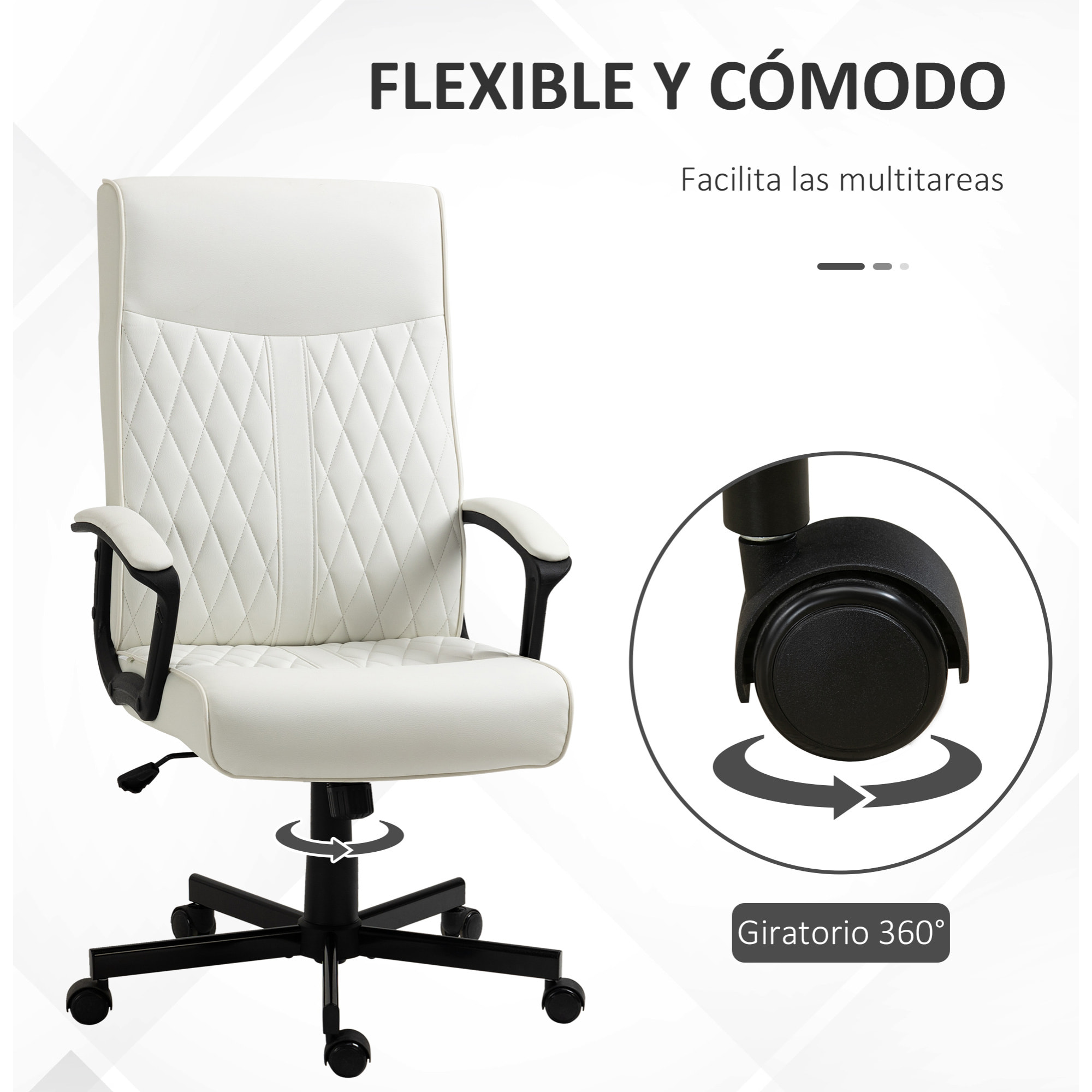 Silla de Oficina Giratoria Silla de Escritorio Basculante Tapizado en PU con Respaldo Alto y Altura Ajustable para Salón Oficina Carga 120 kg 65x72x102-112,5 cm Blanco Roto