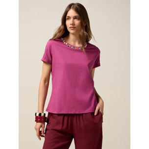 Oltre - T-shirt con ricamo in pietre colorate - Viola