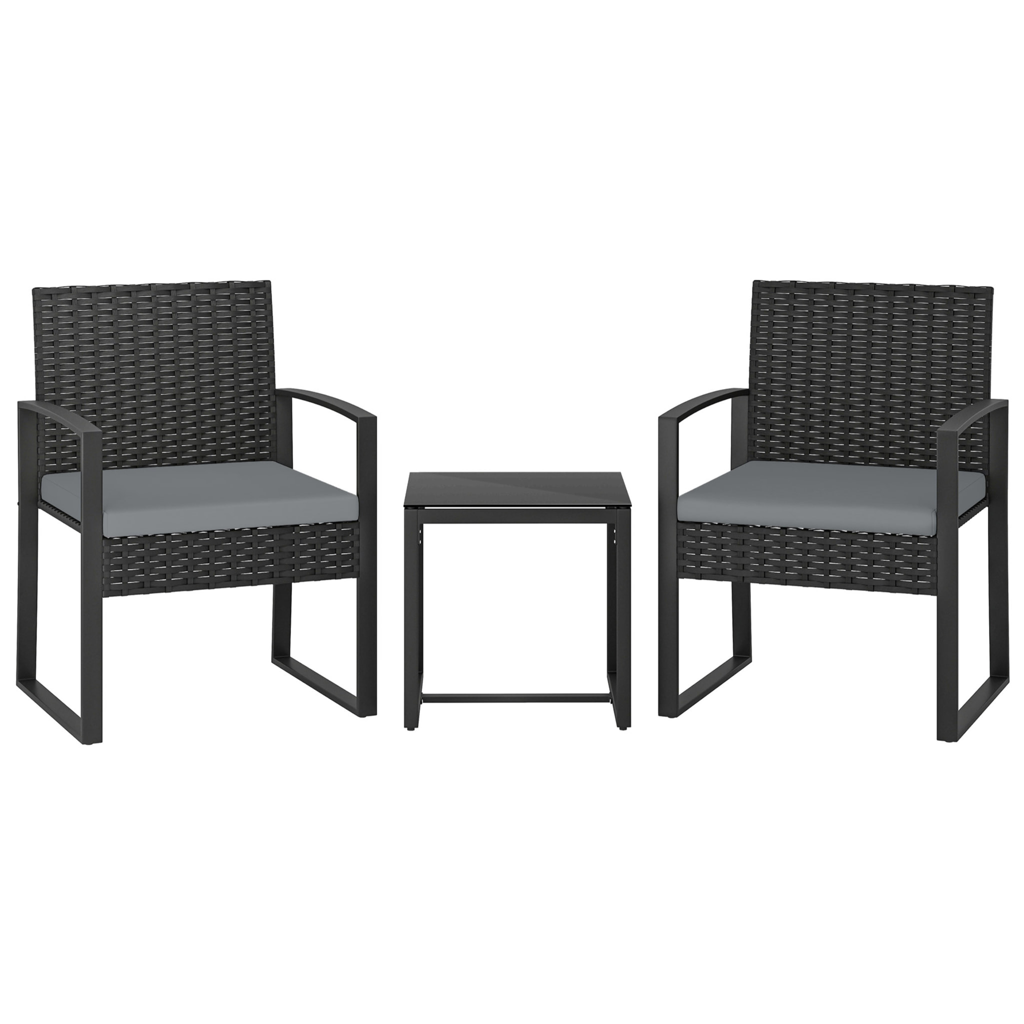 Conjunto de Jardín Exterior de 3 Piezas, Muebles Jardín Exterior de Ratán con 2 Sillas con Cojines Lavables y Mesa de Vidrio Templado, Resistente a Intemperie, para Balcón, Patio, Gris Claro