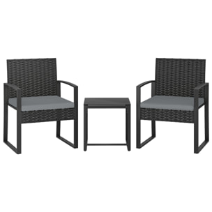 Conjunto de Jardín Exterior de 3 Piezas, Muebles Jardín Exterior de Ratán con 2 Sillas con Cojines Lavables y Mesa de Vidrio Templado, Resistente a Intemperie, para Balcón, Patio, Gris Claro