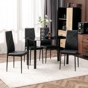 Table de salle à manger avec 4 chaises design contemporain Chesterfield acier plateau verre trempé PVC effet capitonné noir