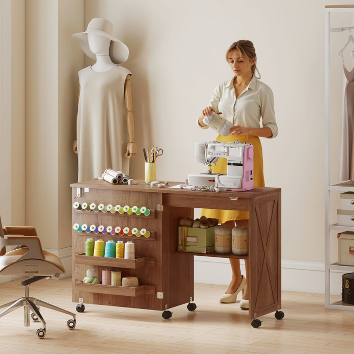 Table de couture pliable mobile 2 bacs 18 porte-bobines étagère bois