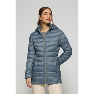 Giacca ultralight blu denim Cintia con cappuccio rimovibile e ricamo PC