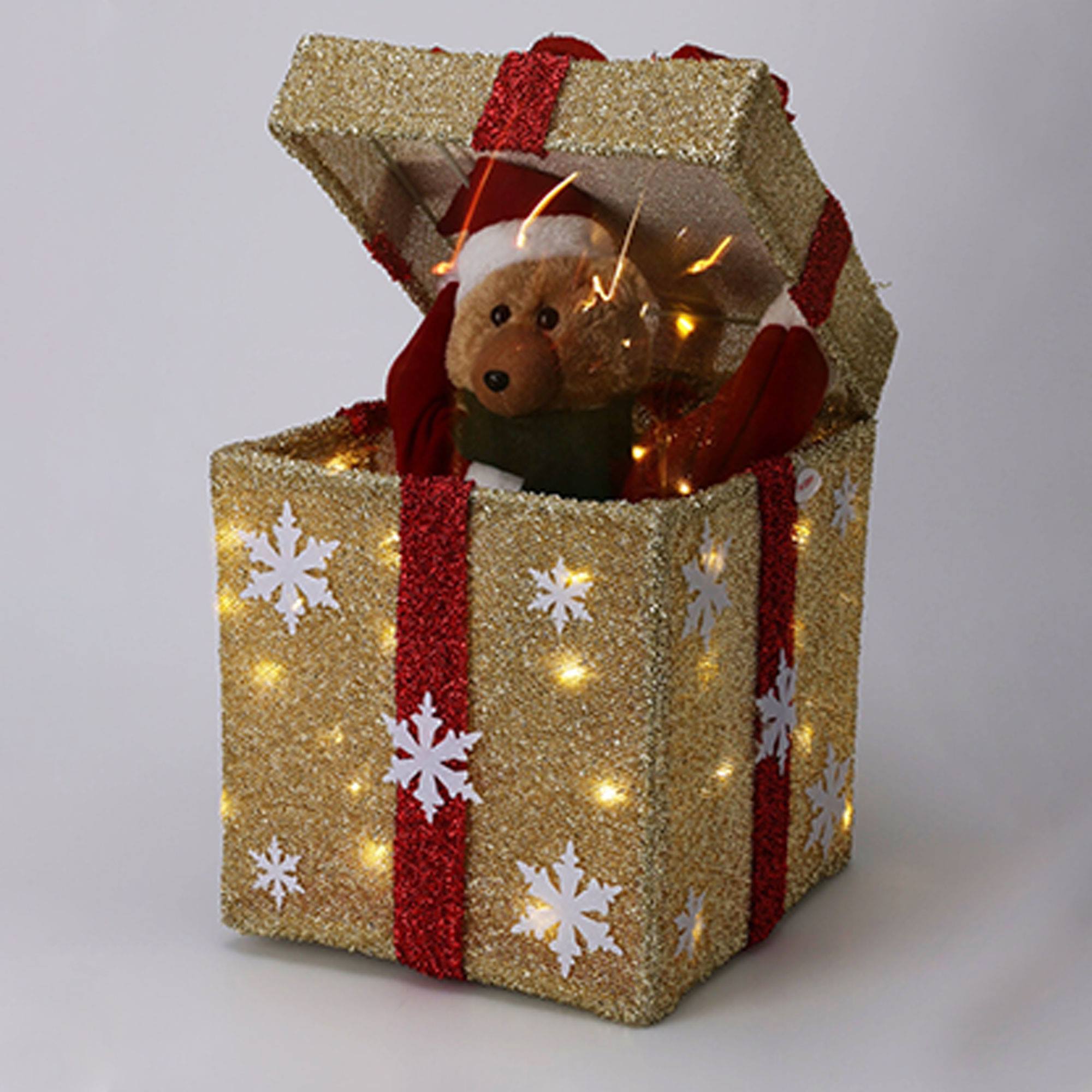 Caja de regalo dorada decorativa navideña con música y 50 leds cálidas 25x25x50cm