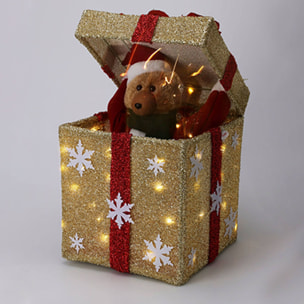 Caja de regalo dorada decorativa navideña con música y 50 leds cálidas 25x25x50cm