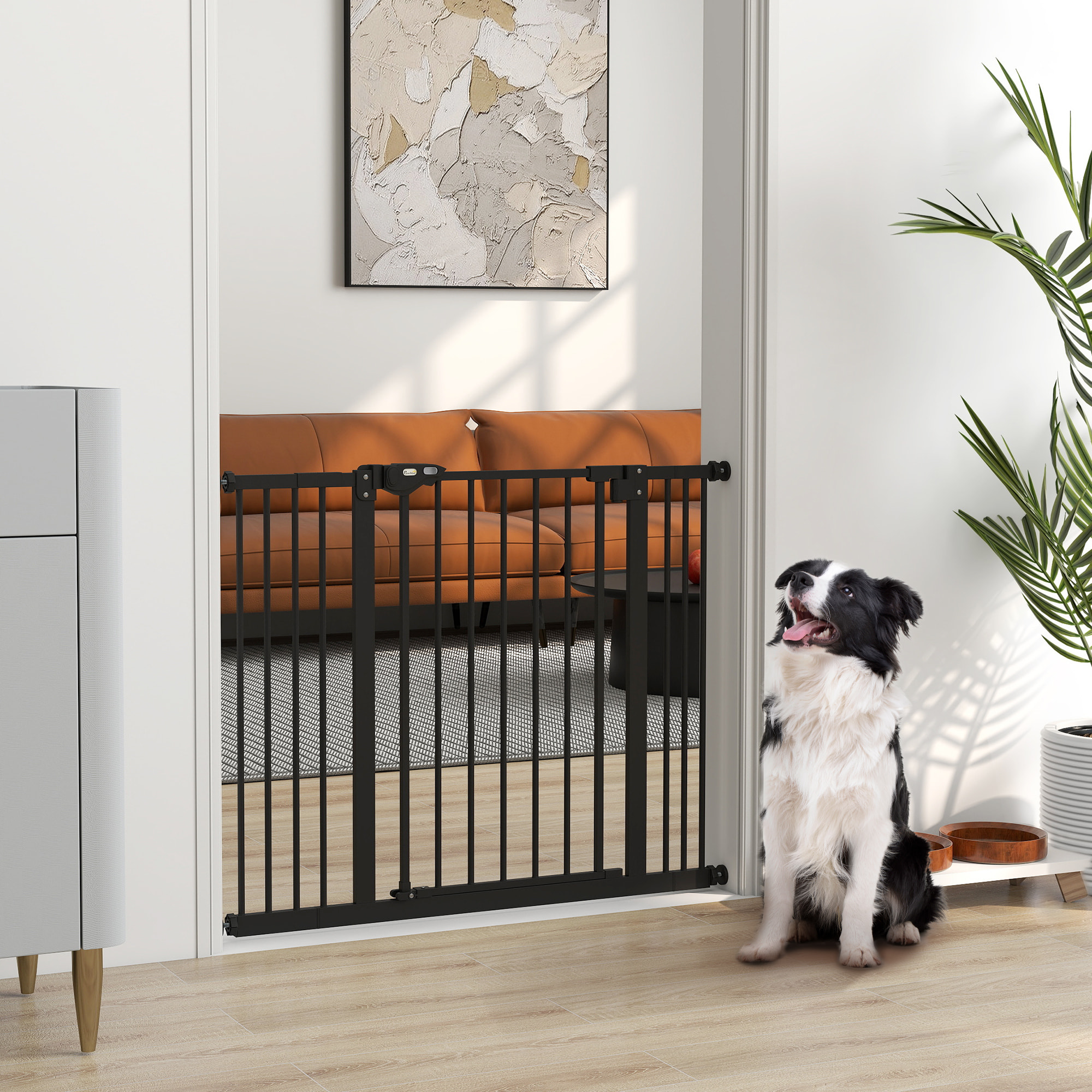 Barrera de Seguridad para Perros Extensible 74-100 cm, para Puertas y Escaleras, Barrera para Perros Medianos, Cierre Automático Montaje a Presión Doble Bloqueo 2 Extensiones 7/14 cm, Negro