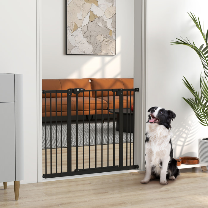 Barrera de Seguridad para Perros Extensible 74-100 cm, para Puertas y Escaleras, Barrera para Perros Medianos, Cierre Automático Montaje a Presión Doble Bloqueo 2 Extensiones 7/14 cm, Negro