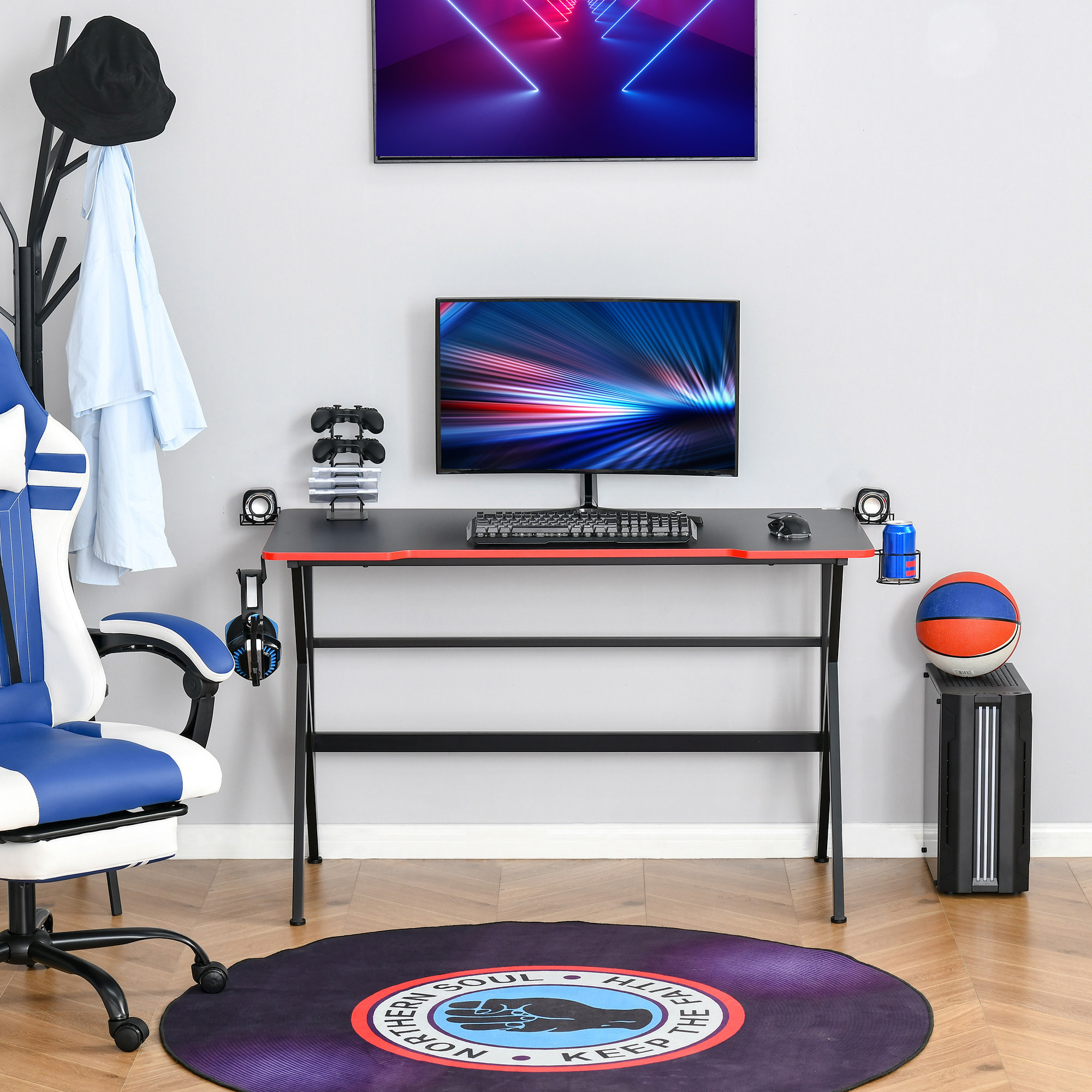 Bureau gaming racing bracket supports casque enceintes porte-gobelet métal plateau texture carbone