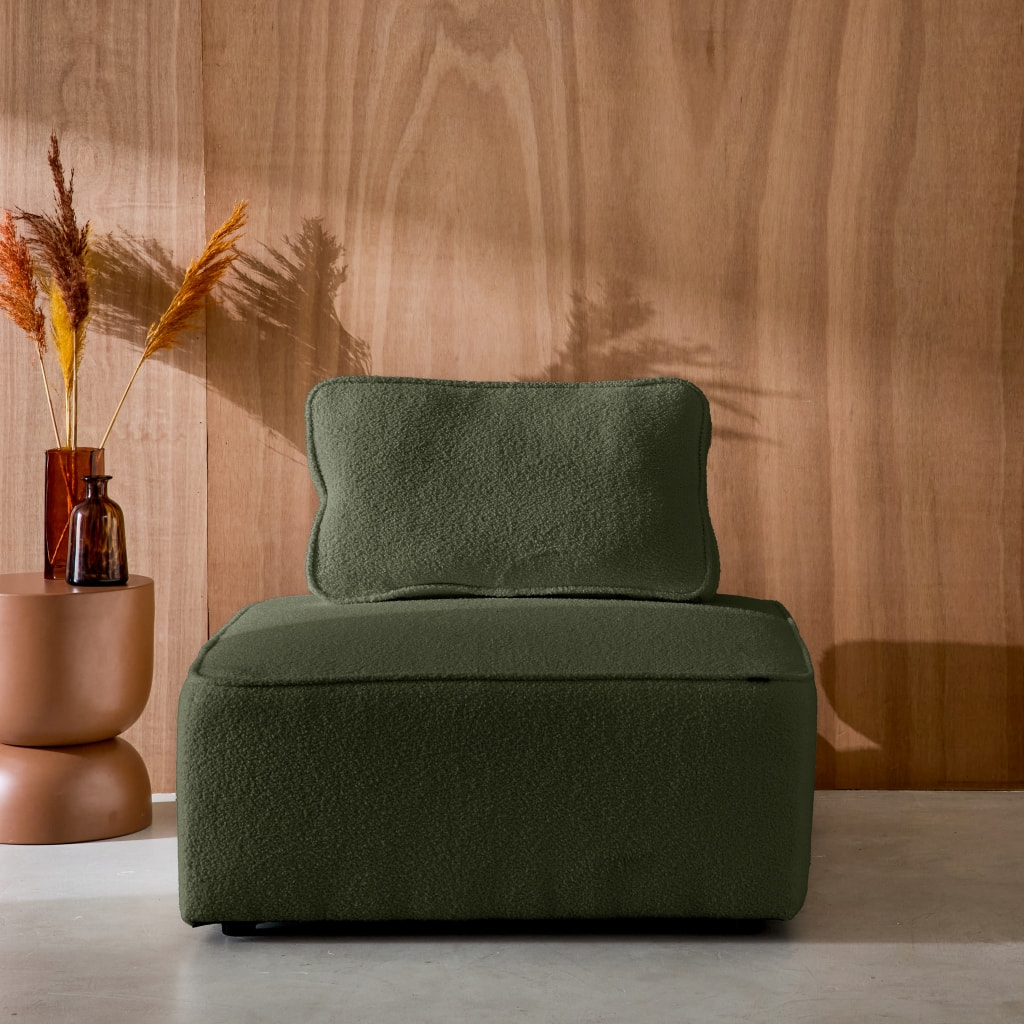 Chauffeuse pour canapé modulable tissu bouclette kaki 1 place Bao. L 90 x P 90 x H 74cm