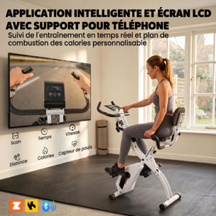 Vélo d'appartement pliable 3-en-1 classique semi-allongé bandes de résistance blanc