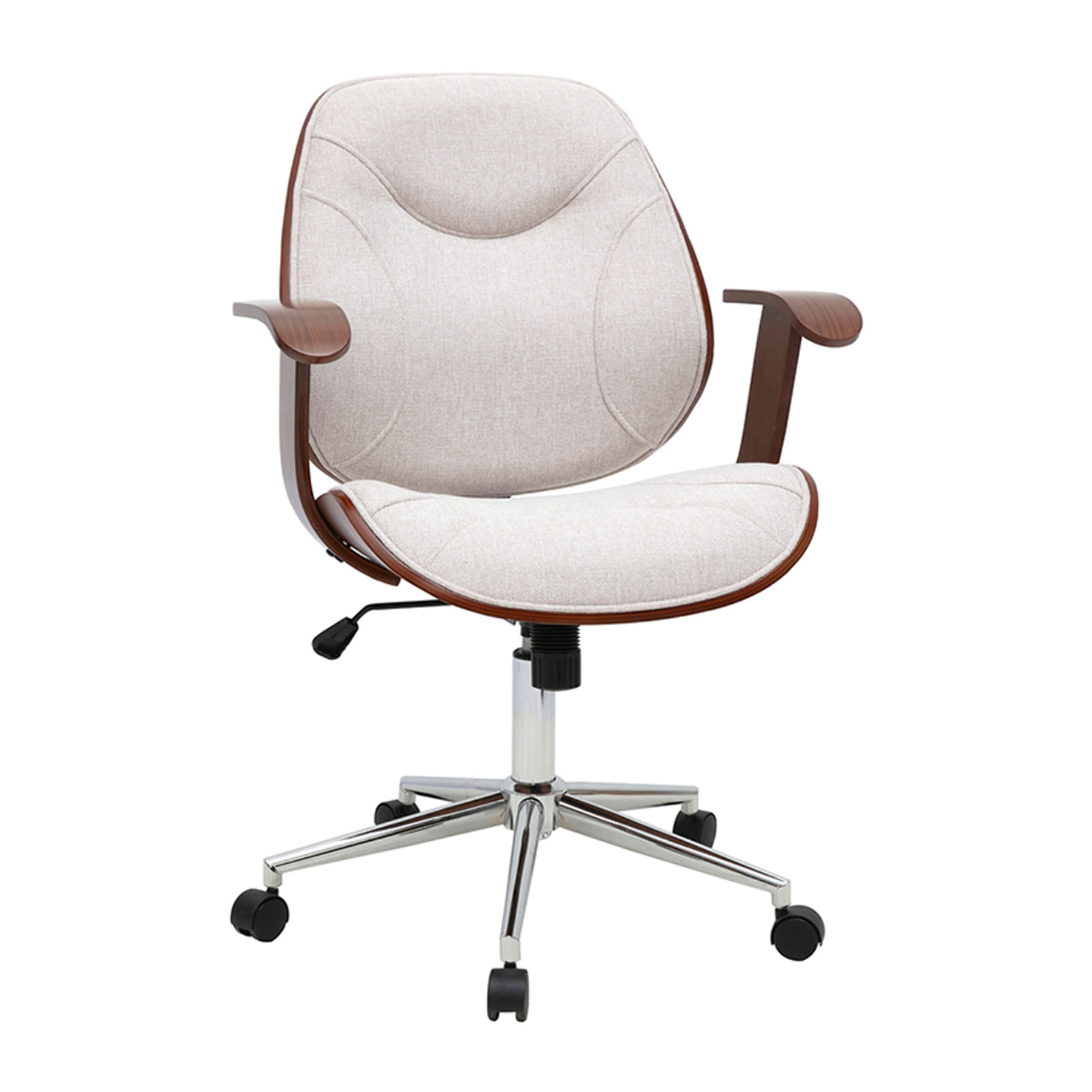 Chaise de bureau à roulettes design en tissu effet velours texturé beige, bois foncé et acier chromé YORKE