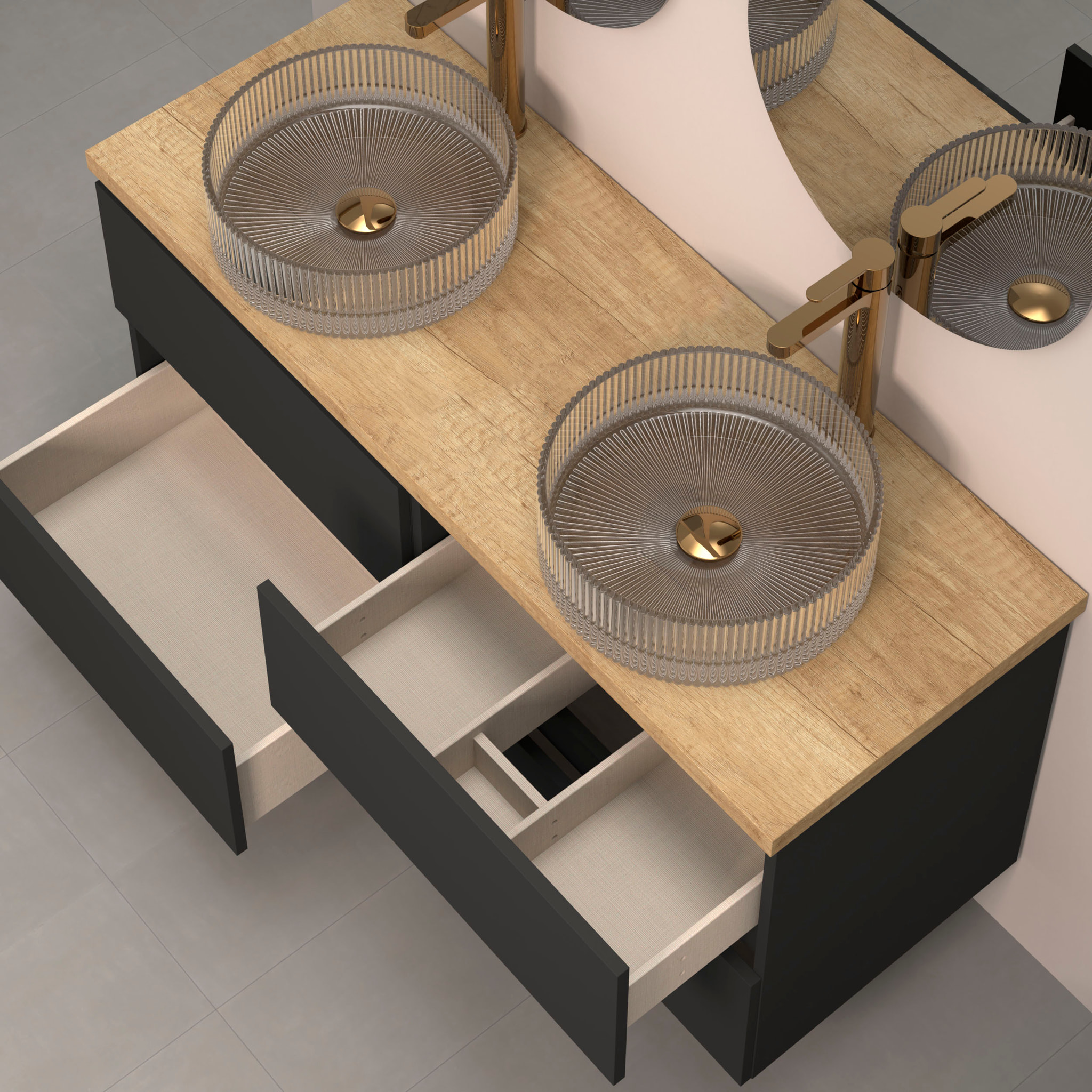 Ensemble Salle de Bain Kub | 140 cm Noir | 4 Tiroirs | Lavabos en Verre | N'inclut pas Miroir | Meuble Monté | Alday