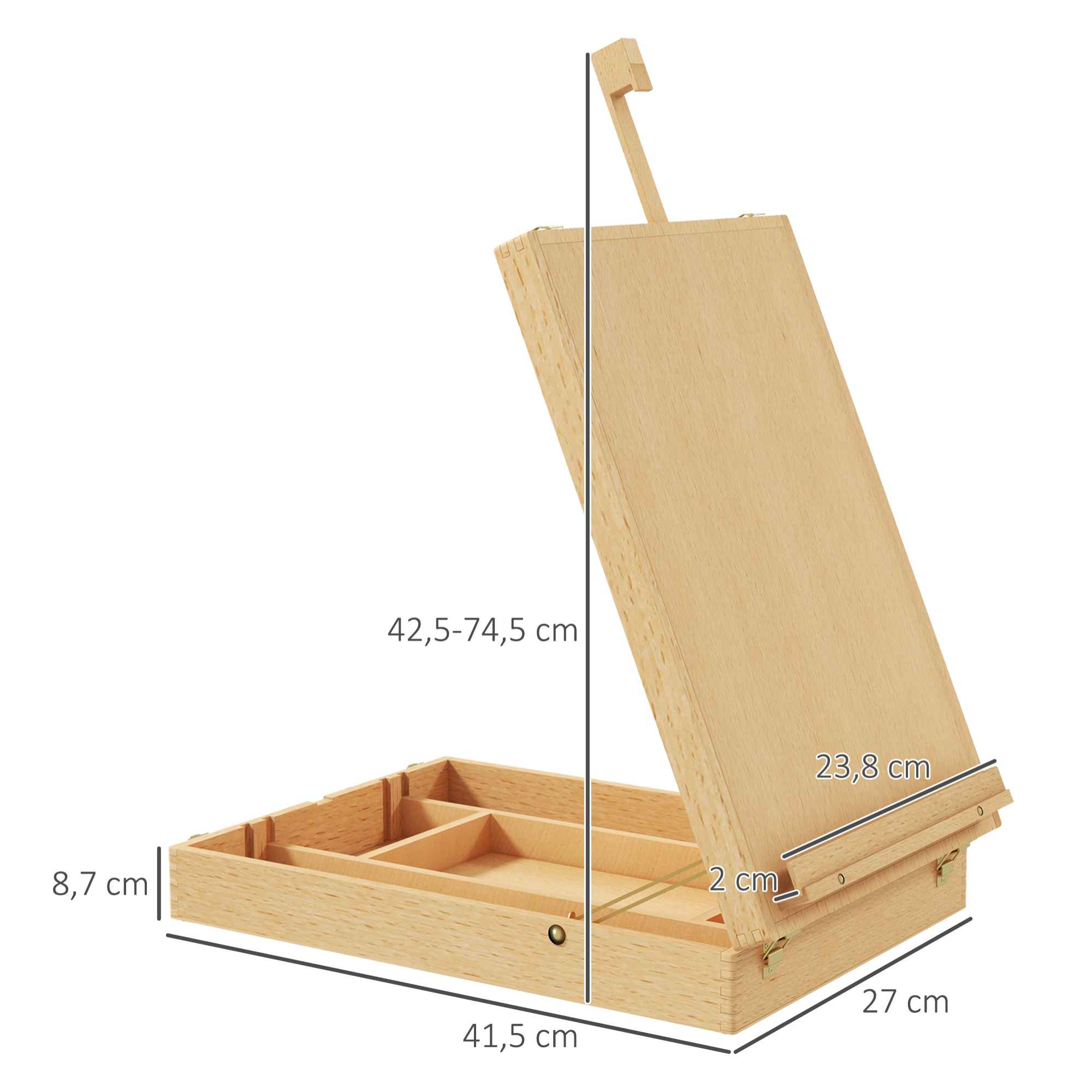 Caballete de Mesa Ajustable Caja de Caballete de Madera de Haya con 5 Compartimentos Tablero de Dibujo y Bocetos Plegable para Adultos Principiantes Artistas 27x41,5x42,5-74,5 cm Natural