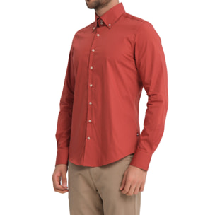 Camicia Uomo 2 Bottoni Button Down Slim Popeline Stretch Unito Rosso Mattone