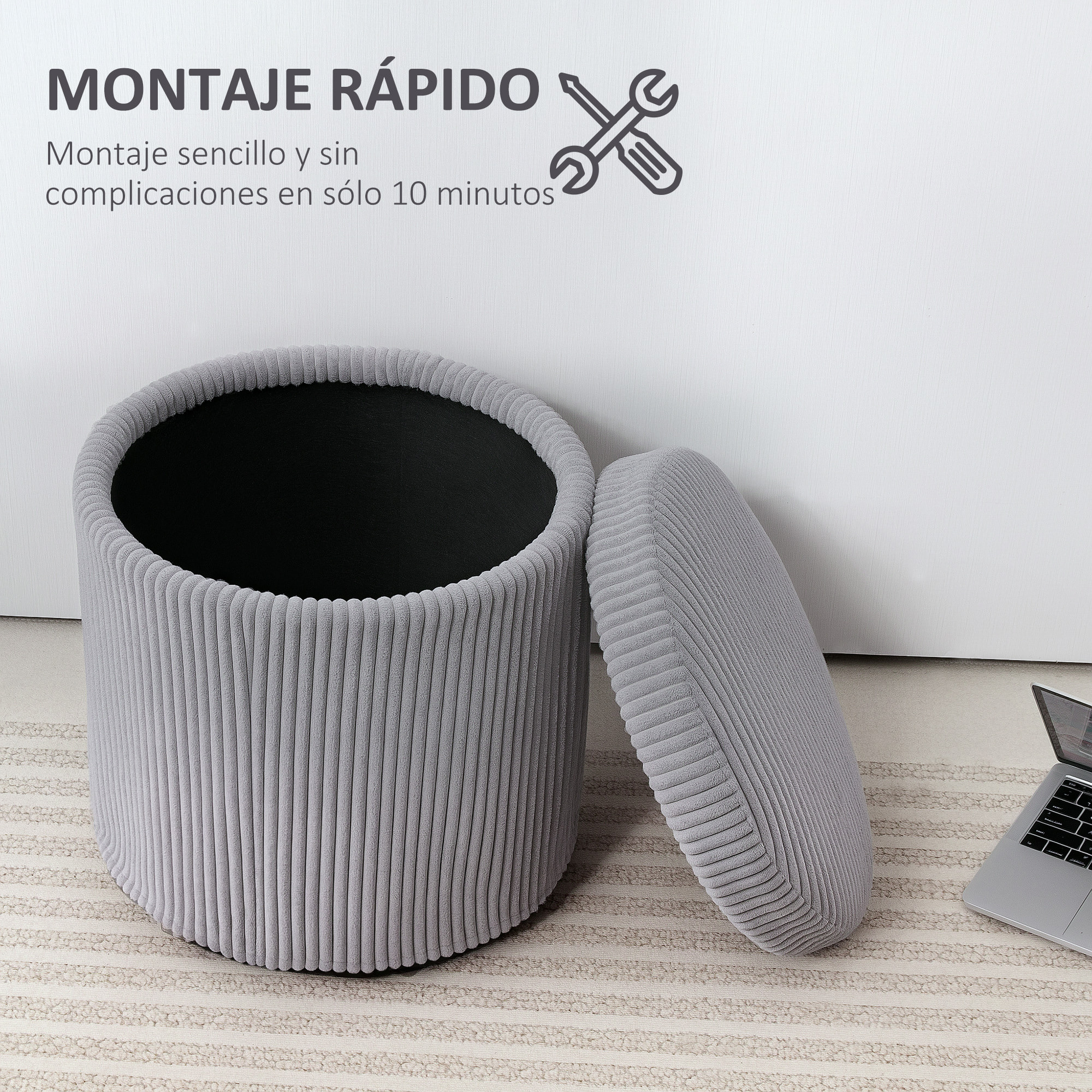 Puff Almacenaje Baúl de Almacenaje Redondo Tapizado en Pana Asiento Acolchado Tapa Extraíble para Pasillo Dormitorio Salón Ø40x41 cm Gris Claro