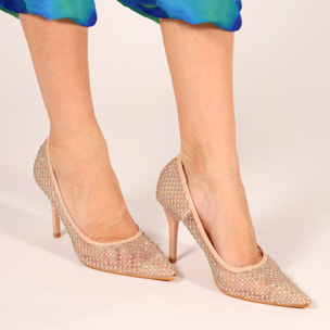 Dècolletè pumps in simil pelle con tomaia bucherellata ricoperta di strass