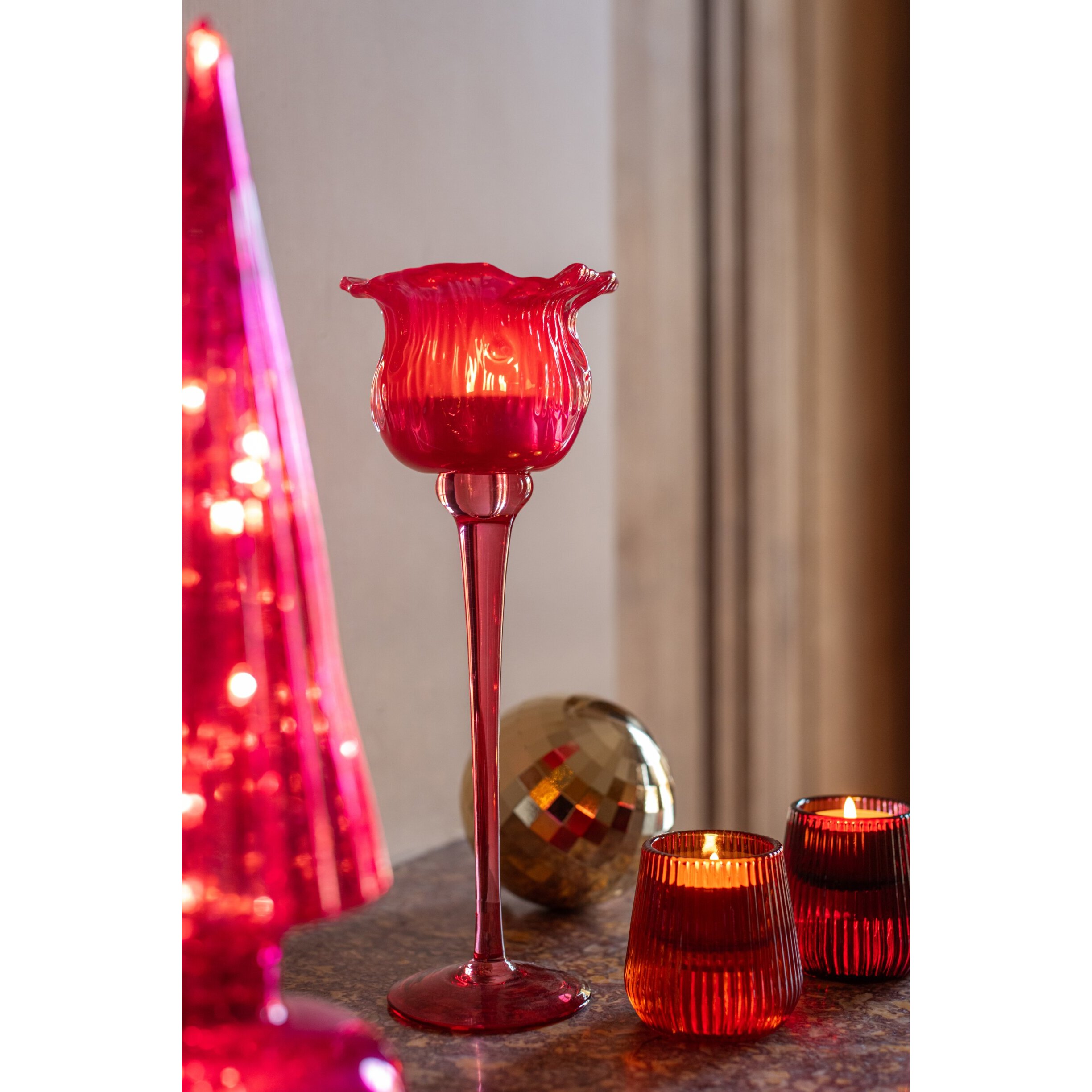 J-Line photophore sur base tulipe - verre - fuchsia - large - assortiment de 2