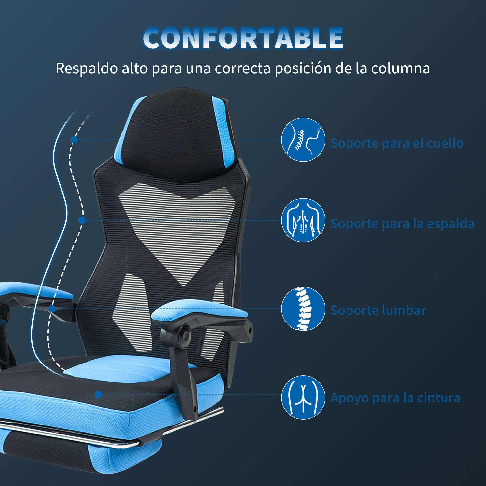 Silla Gaming Giratoria de Malla, Silla Gamer con Reposapiés Retráctil, Respaldo Reclinable y Alto, Altura Ajustable, Reposabrazos Acolchados, Azul