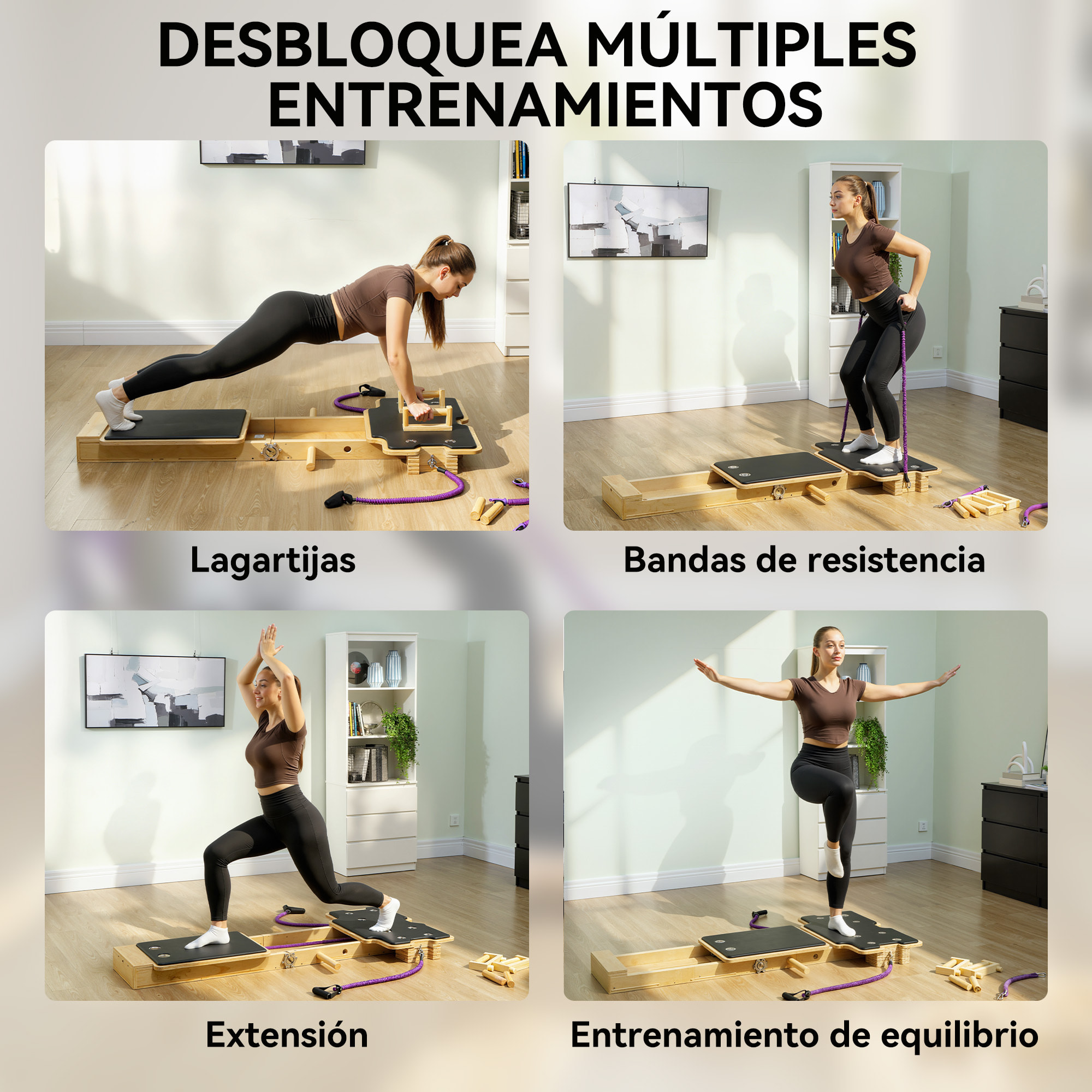 Pilates Reformer, Tabla de Pilates con Bandas de Resistencia, Asas, Rueda Abdominal, Máquina Abdominal Multifuncional para Casa Gimnasio, Entrenamiento de Cuerpo Completo para Mujeres
