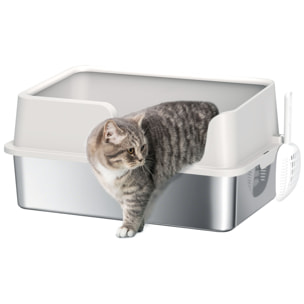 PawHut Arenero para Gatos de Acero Inoxidable XL, Caja de Arena para Gatos Grandes, Arenero Extragrande con Borde Alto, Pala, Fácil de Limpiar, Antifugas, 60x40x28 cm, Gris Claro