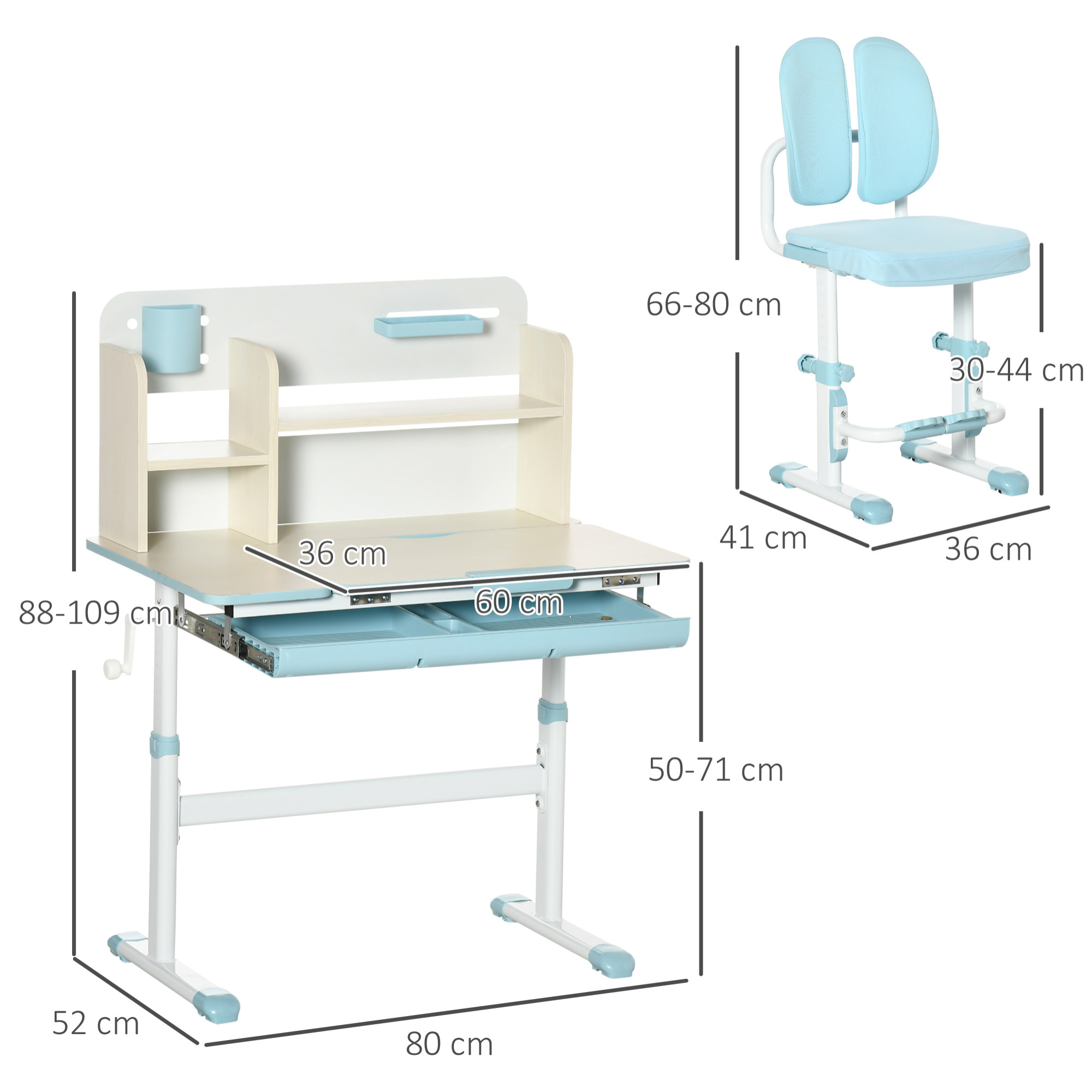 Juego de Escritorio y Silla para Niños de +3 Años Pupitre Infantil Altura Ajustable con 1 Cajón 1 Estante para Libros y Tablero de Mesa Inclinable 80x52x88-109 cm Azul y Blanco