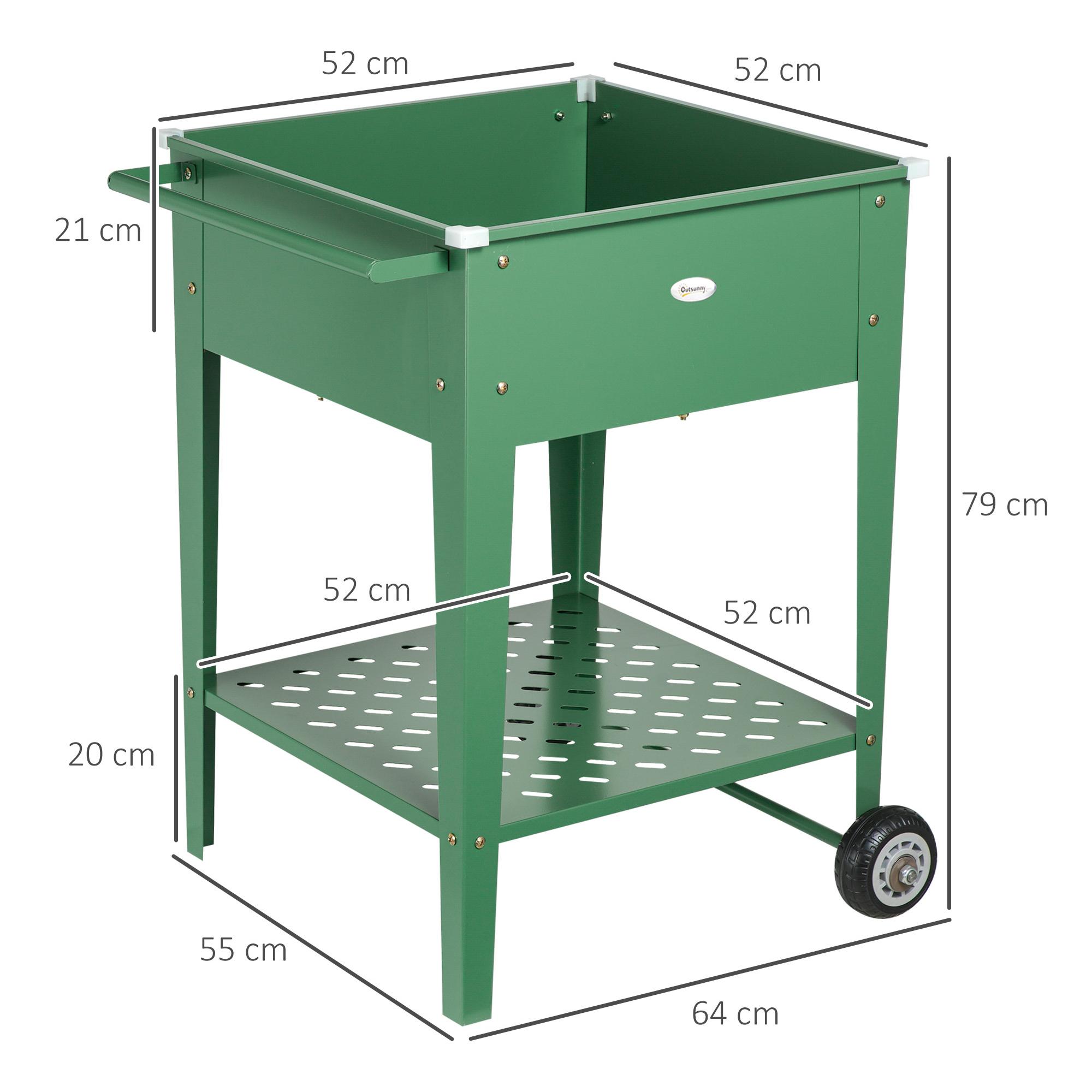 Huerto Urbano Elevado con Ruedas Jardinera Exterior de Acero Galvanizado 64x55x79 cm con Estante y Asa Lateral para Cultivo Plantas Flores Verduras Verde