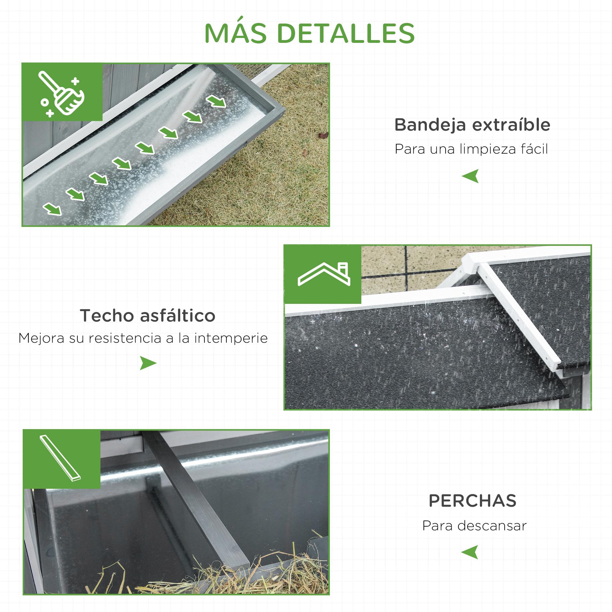 Gallinero de Madera Exterior Jaula para 2-3 Gallinas con Corral de Alambre Nido Techo Asfáltico Bandeja Extraíble 2 Perchas y Rampa 209,5x96x123 cm Gris Azulado