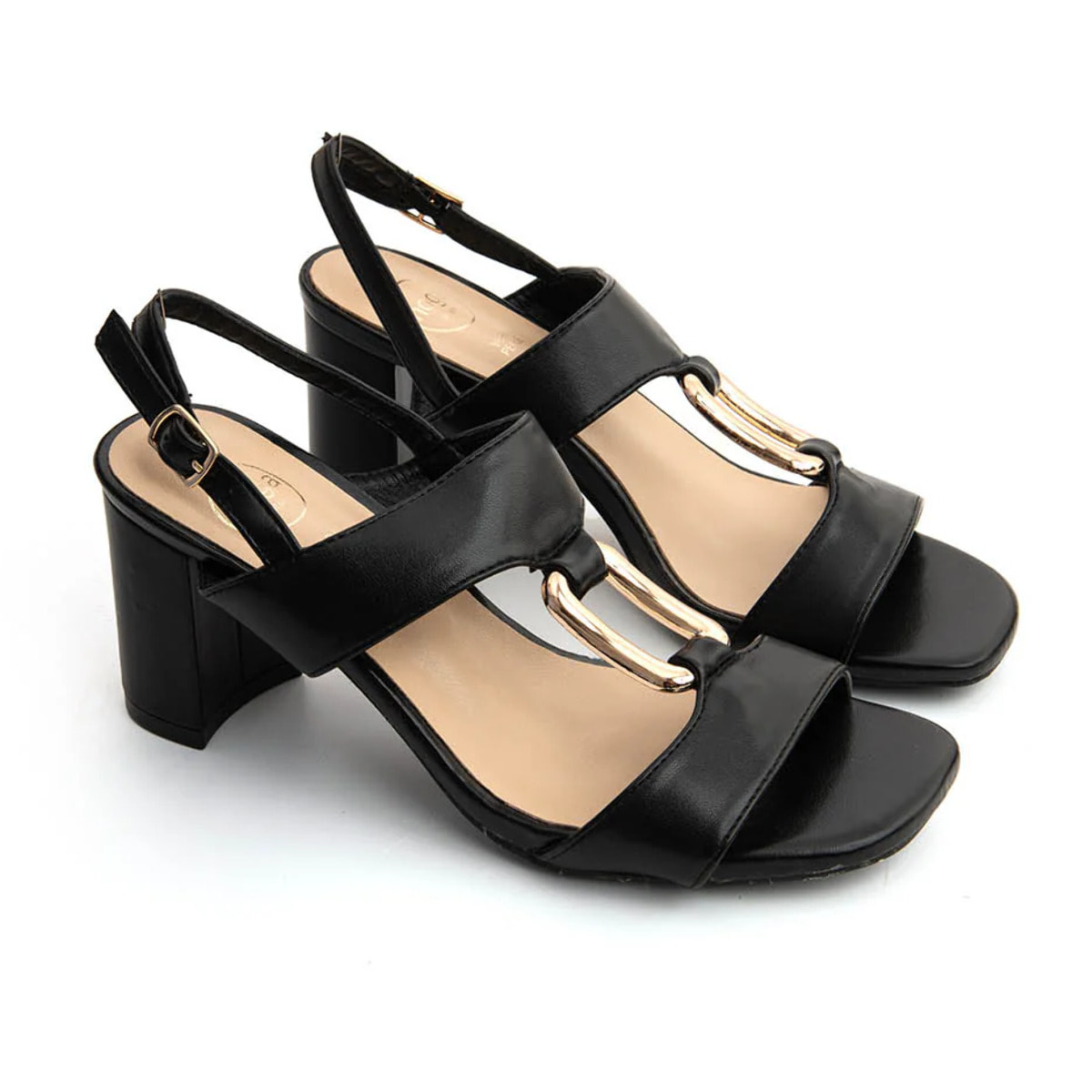 Sandalo gold buckle con tacco quadrato - NERO