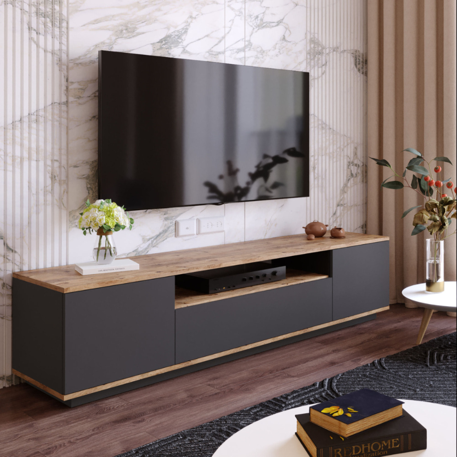 Meuble TV gris et bois 180 cm ROAT