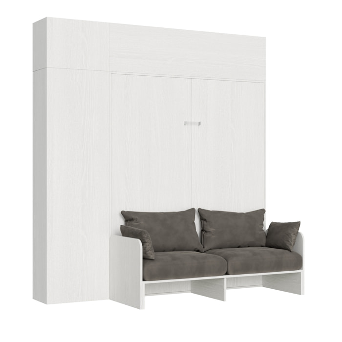 Armoire Lit escamotable vertical double 160 KENTARO avec canapé Frêne Blanc avec colonne de rangement et deux éléments hauts (ALESSIA 20)