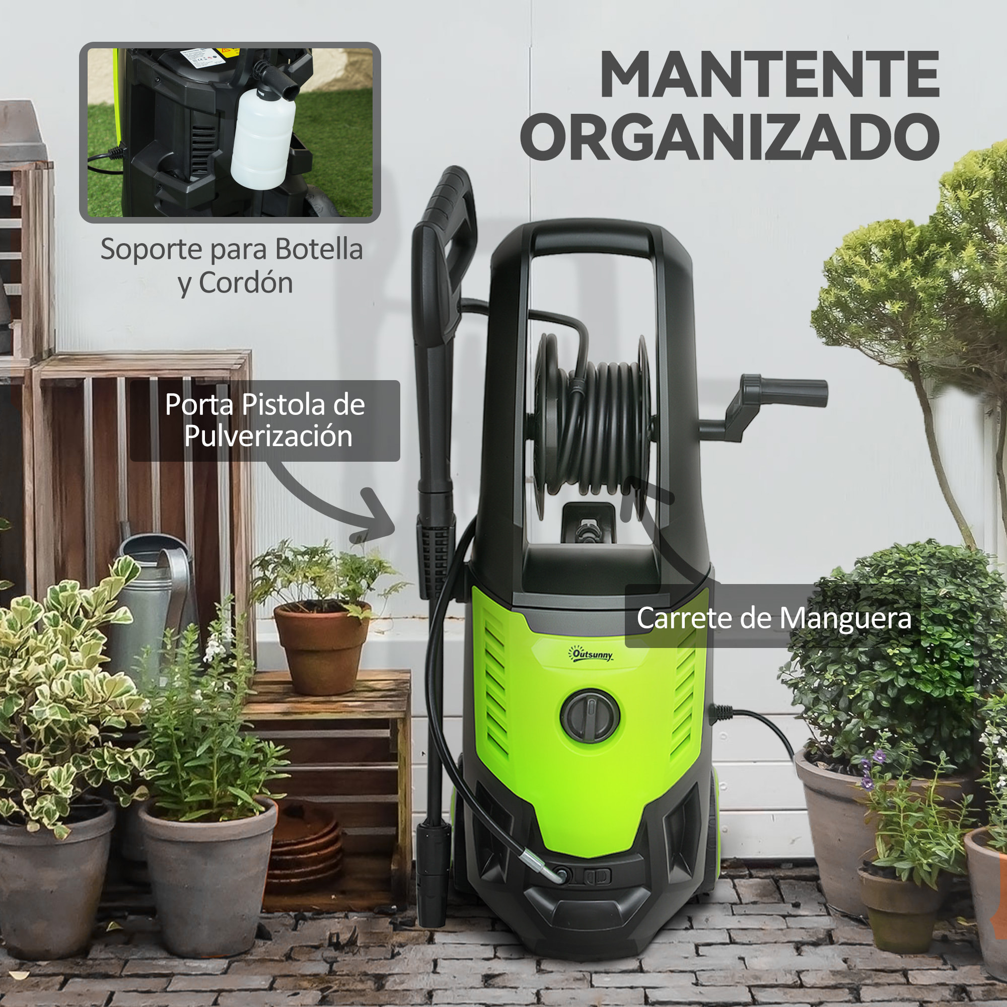 Hidrolimpiadora de Alta Presión 2200W, Presión 170 Bar, Caudal 420 L/h, con Bomba de Aluminio, Parada Automática, Manguera de 6 m, Incluye Botella de Espuma y Boquilla Ajustable Verde y Negro