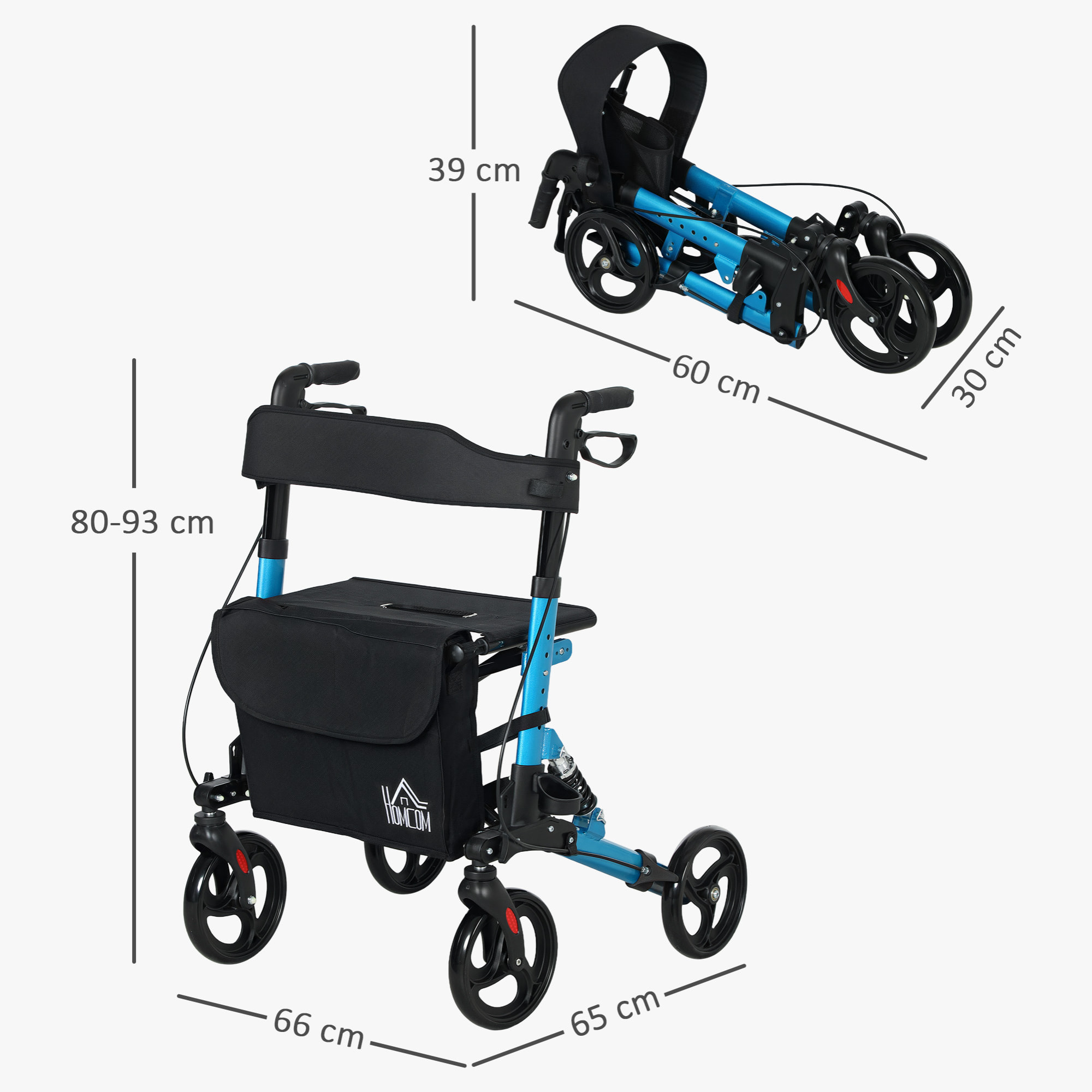 Andador para Ancianos Plegable de Aluminio Andador para Personas Mayores con Asiento y 4 Ruedas Andador con Altura Ajustable Frenos de Maneta y Bolsa de Transporte Azul y Negro