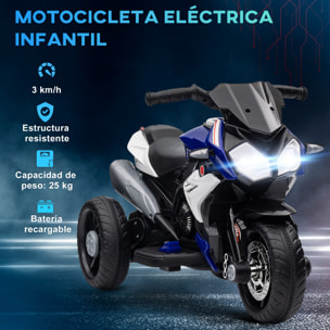 Moto Eléctrica Infantil con 3 Ruedas Trimoto para Niños de +3 Años con Batería 6V Recargable Funciones de Música Bocina Faros 86x42x52 cm Negro y Azul