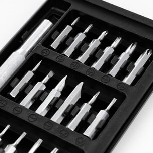 Juego de destornillador 24 en 1 con cuerpo metálico, carcasa con apertura por deslizamiento y puntas de acero.
