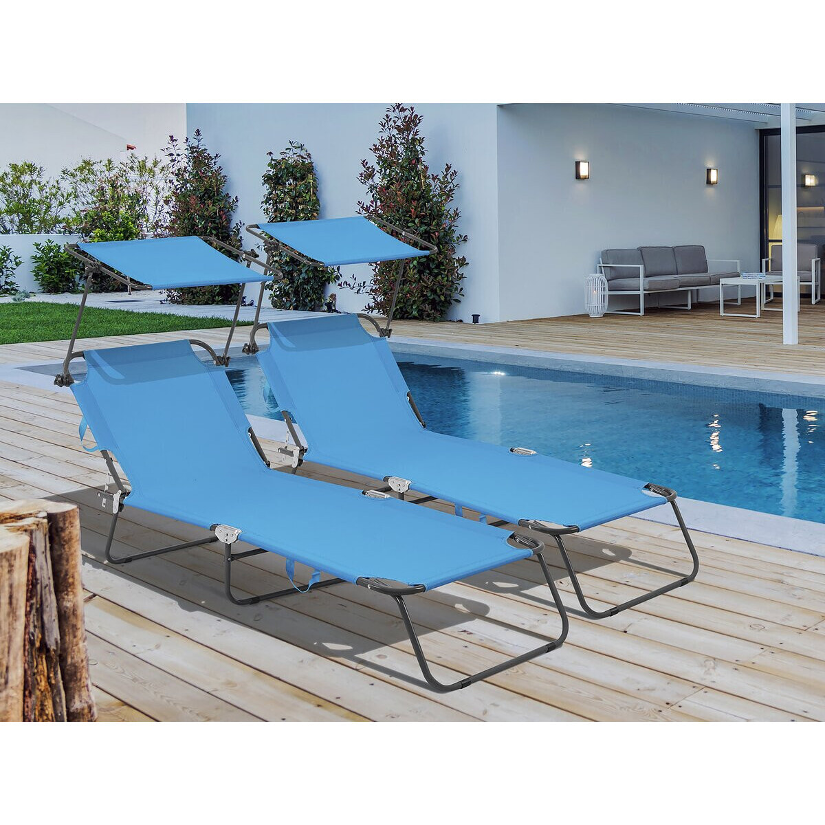 Lot de 2 bains de soleil pliable "Lazy" - Avec pare soleil - Bleu