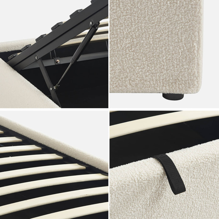 Lit coffre avec sommier à lattes. finition bouclette. blanc. L 203 x P 97 x H 32cm