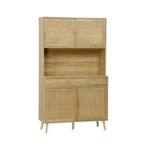 Buffet de cuisine BOHEME décor bois et cannage 4 portes 3 tiroirs 110 cm. Naturel. pieds en bois de pin revêtement papier