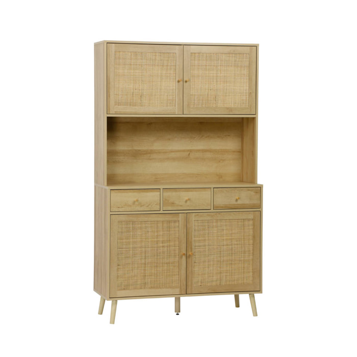 Buffet de cuisine BOHEME décor bois et cannage 4 portes 3 tiroirs 110 cm. Naturel. pieds en bois de pin revêtement papier