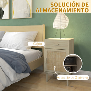 Juego de 2 Mesitas de Noche Mesillas de Noche Mesitas Auxiliares con Cajón de Ratán y Estante Ajustable para Dormitorio Salón 40x40x68,5 cm Roble