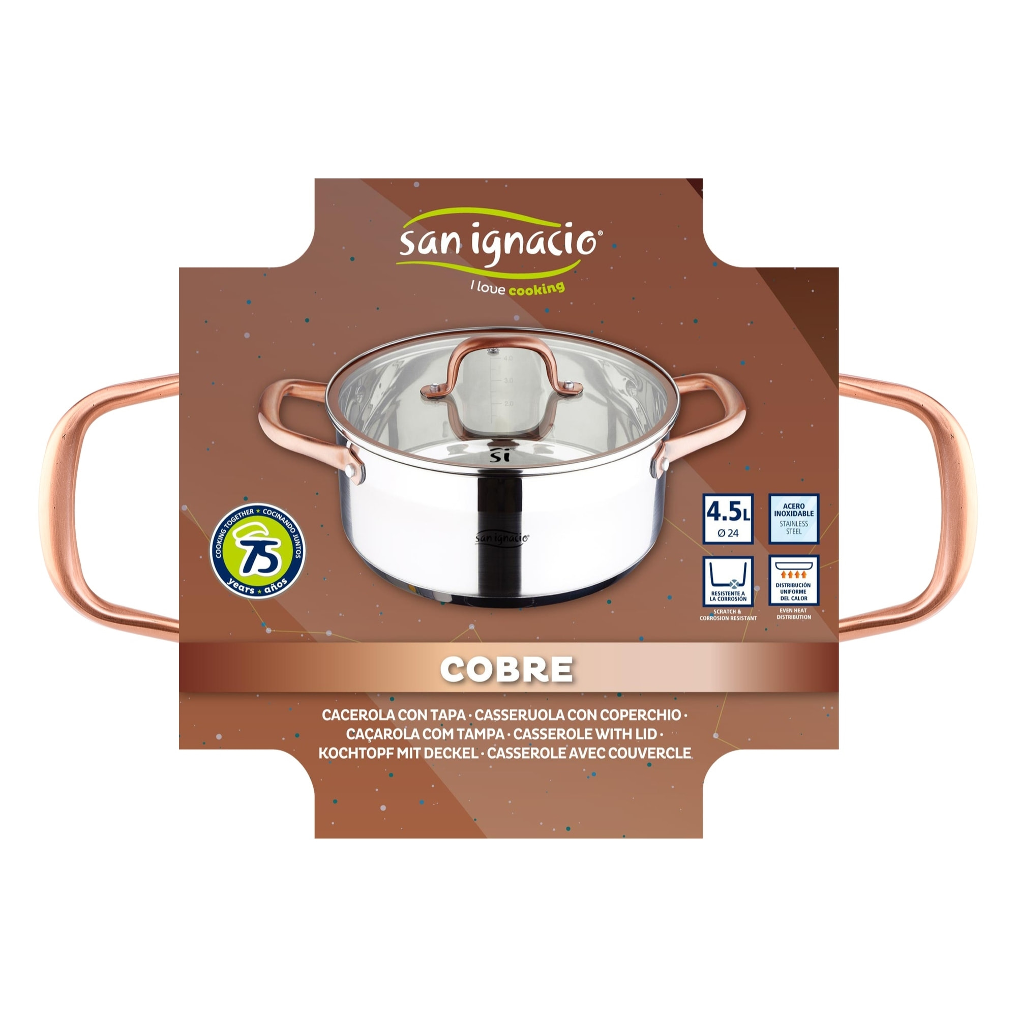 Cacerola de acero inox ind con tapa, plateado y cobre