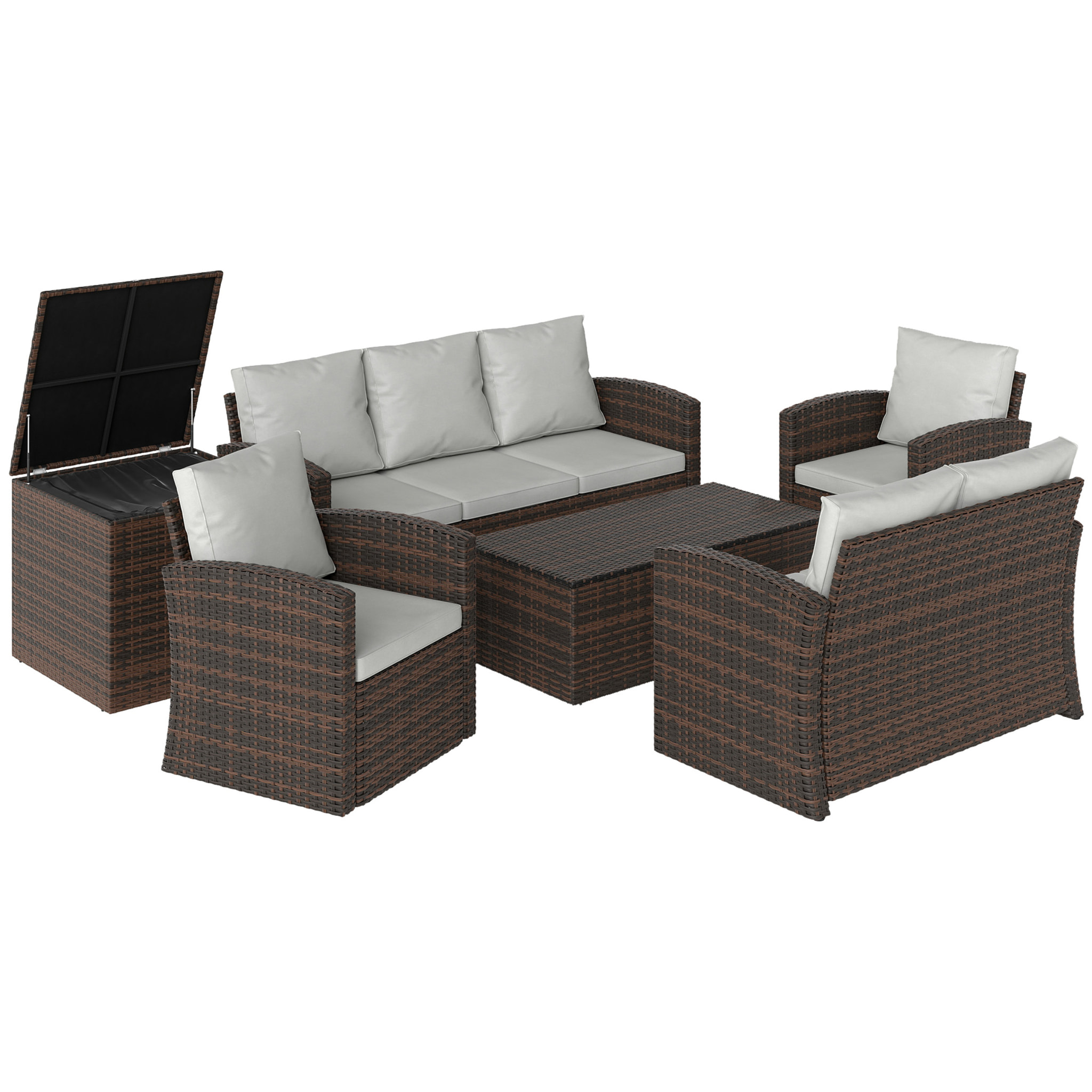 Conjunto de Jardín Exterior de Ratán, Conjunto Terraza, Muebles Jardín Exterior 6 Piezas Incluye Cojines, Sofá Doble, Sofá 3 Plazas, 2 Sillones, 2 Mesas Auxiliares con Almacenamiento, Beige