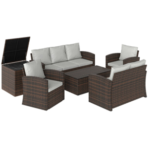 Conjunto de Jardín Exterior de Ratán, Conjunto Terraza, Muebles Jardín Exterior 6 Piezas Incluye Cojines, Sofá Doble, Sofá 3 Plazas, 2 Sillones, 2 Mesas Auxiliares con Almacenamiento, Beige