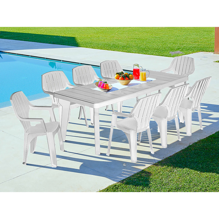 Tavolo da esterno Anatre, Base per picnic, Piano da pranzo da giardino, Banco outdoor multiuso, Made in Italy, 160/220x90 h74 cm, Bianco