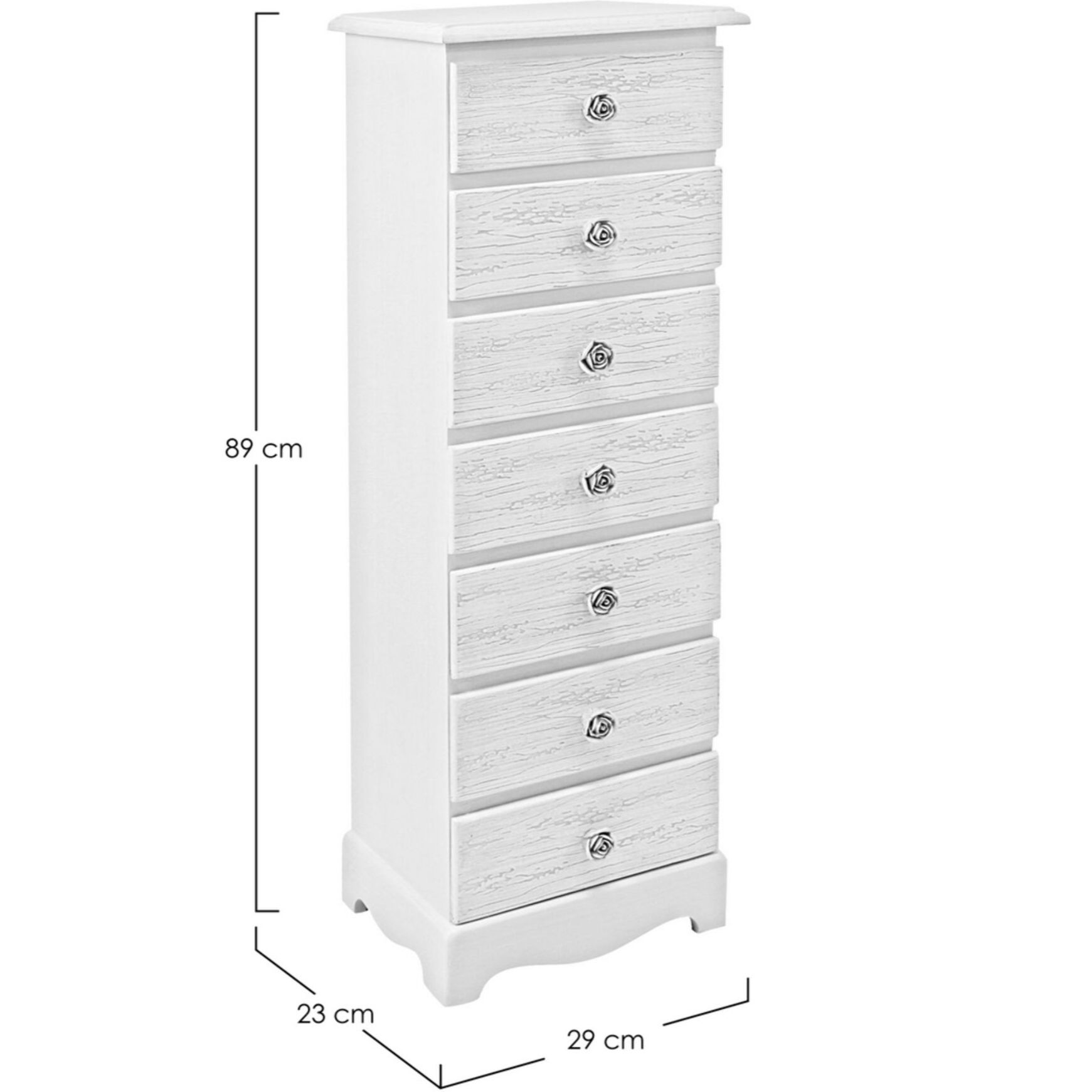 Cassettiera BLANC in legno bianco e 7 cassetti effetto decapato, 29x23x89 cm